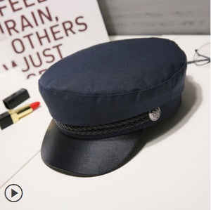 Fashion Unisex PU Leather Military Hat Autumn Sailor Hats For Women Men Black Grey flat top captain Cap travel cadet hat