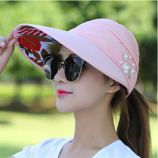Women Wide Brim Ponytail Hat UV Sun Visor Protection Summer Beach Sun Caps