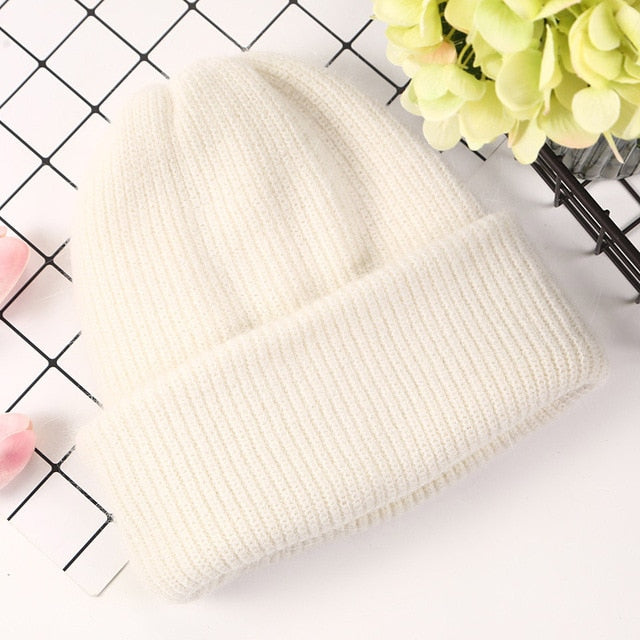 Women Winter Hat Knitted Beanie Hat Cashmere Knitted Hats for Women Cap Winter Autumn Rabbit Fur Ladies Solid Beanies Bonnet